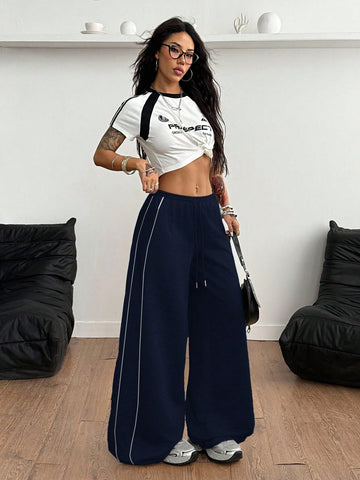 LT1K Navy Blue Double Side Piping Detail Wide-Leg Trouser.(Perfect For All Season)