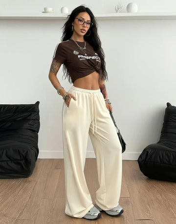 LT1K Sand Single Side Piping Detail Wide-Leg Trouser.(Perfect For All Season)