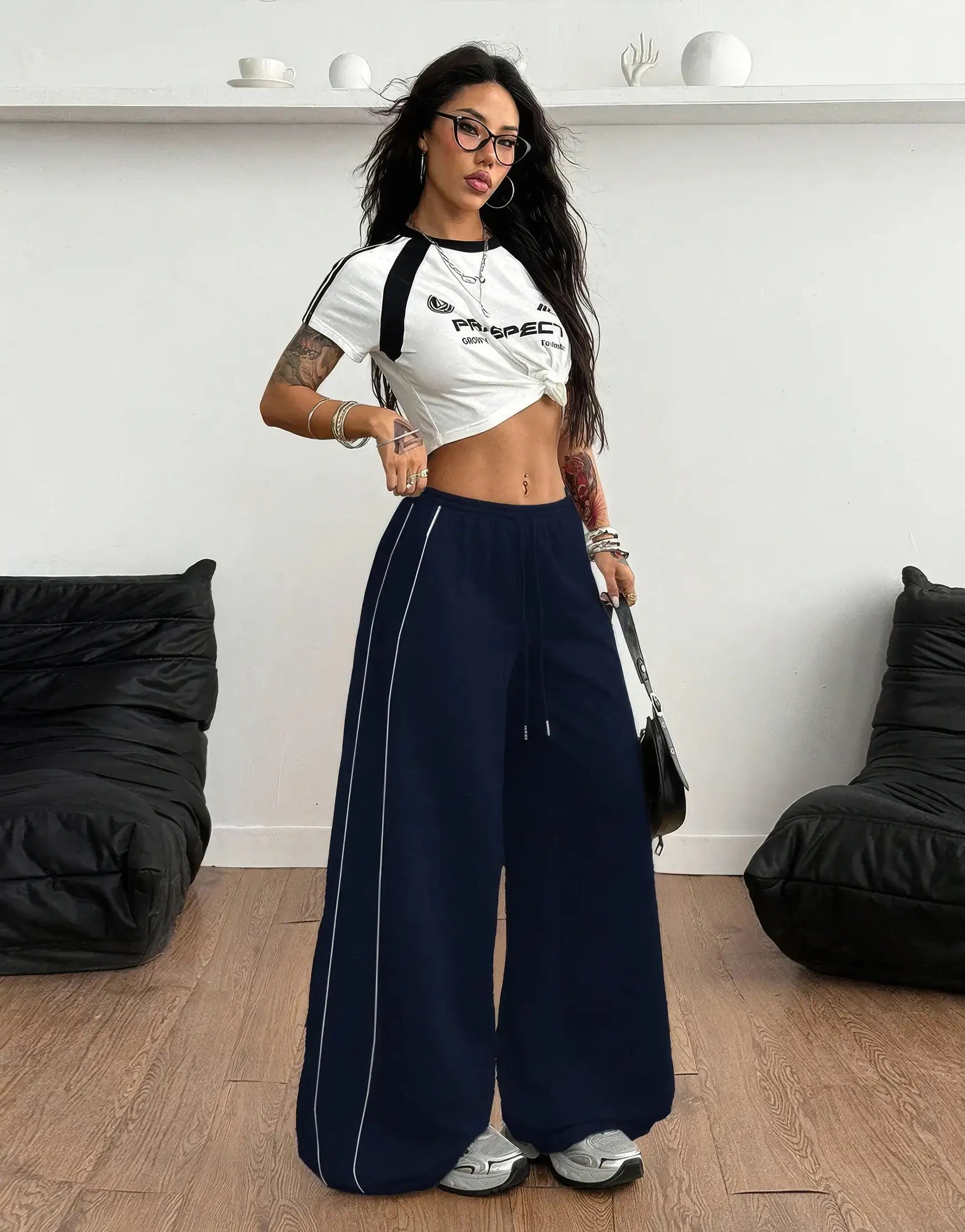 LT1K Navy Blue Double Side Piping Detail Wide-Leg Trouser.(Perfect For All Season)