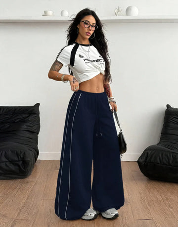 LT1K Navy Blue Double Side Piping Detail Wide-Leg Trouser.(Perfect For All Season)