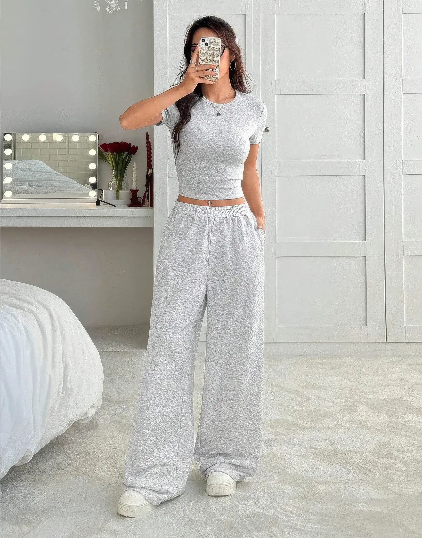 LT1K Grey Fix Belt Wide-Leg Trouser.(Perfect For All Season)