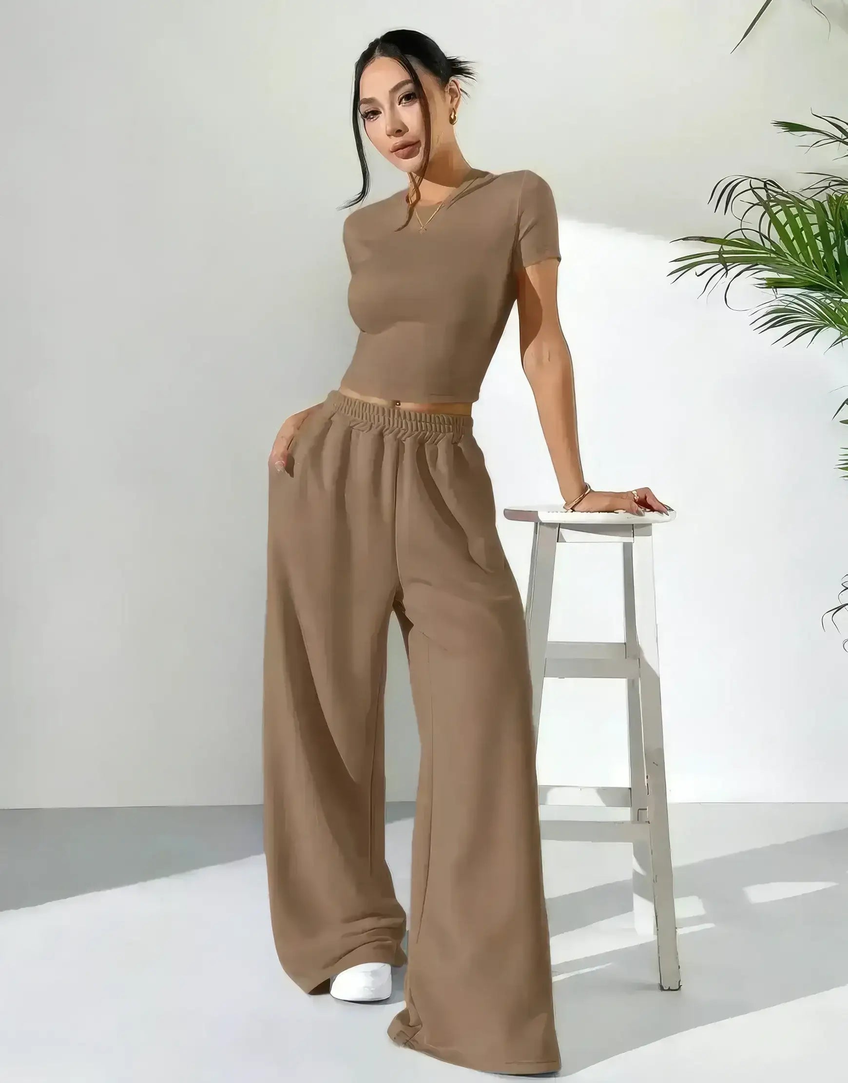 LT1K Brown Fix Belt Wide-Leg Trouser.(Perfect For All Season)