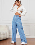 MNG Light Blue High-Waisted Cargo Wide-Leg Jeans.