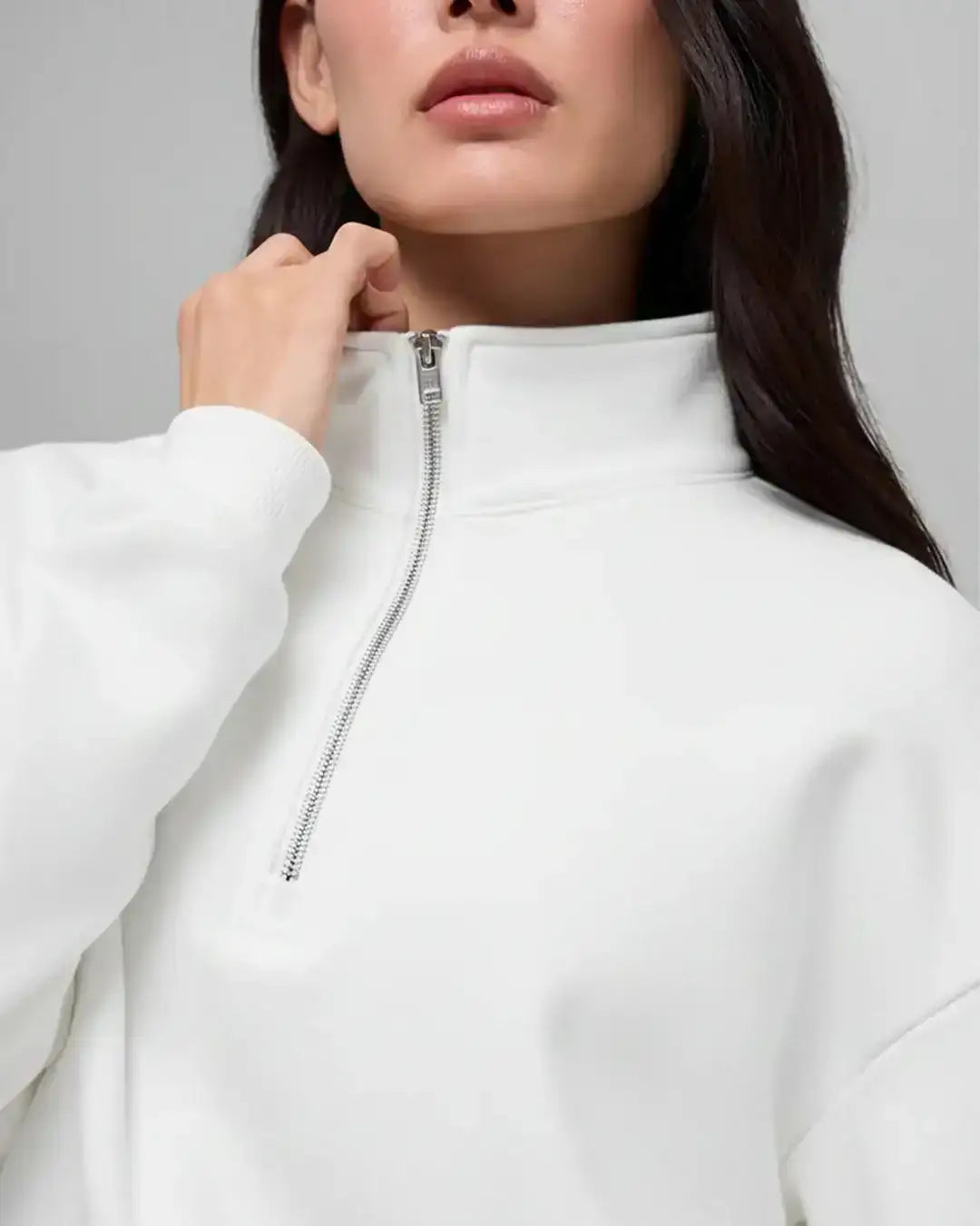 LT1K White Oversize Zip-Mock Sweatshirt.