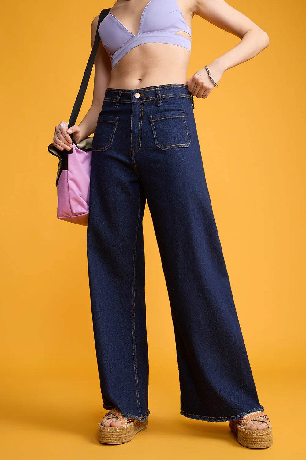 ZARA Dark Blue Utility Pocket Wide-Leg Frayed Hem Jeans. - lessthan1thousand