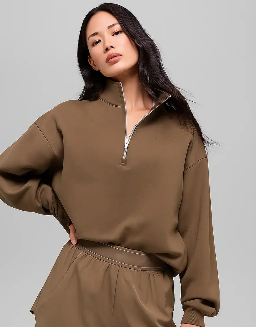 LT1K Brown Oversize Zip-Mock Sweatshirt.