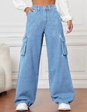 MNG Light Blue High-Waisted Cargo Wide-Leg Jeans.