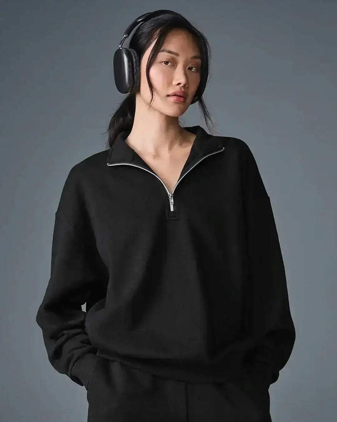 LT1K Black Oversize Zip-Mock Sweatshirt.
