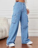 MNG Light Blue High-Waisted Cargo Wide-Leg Jeans.