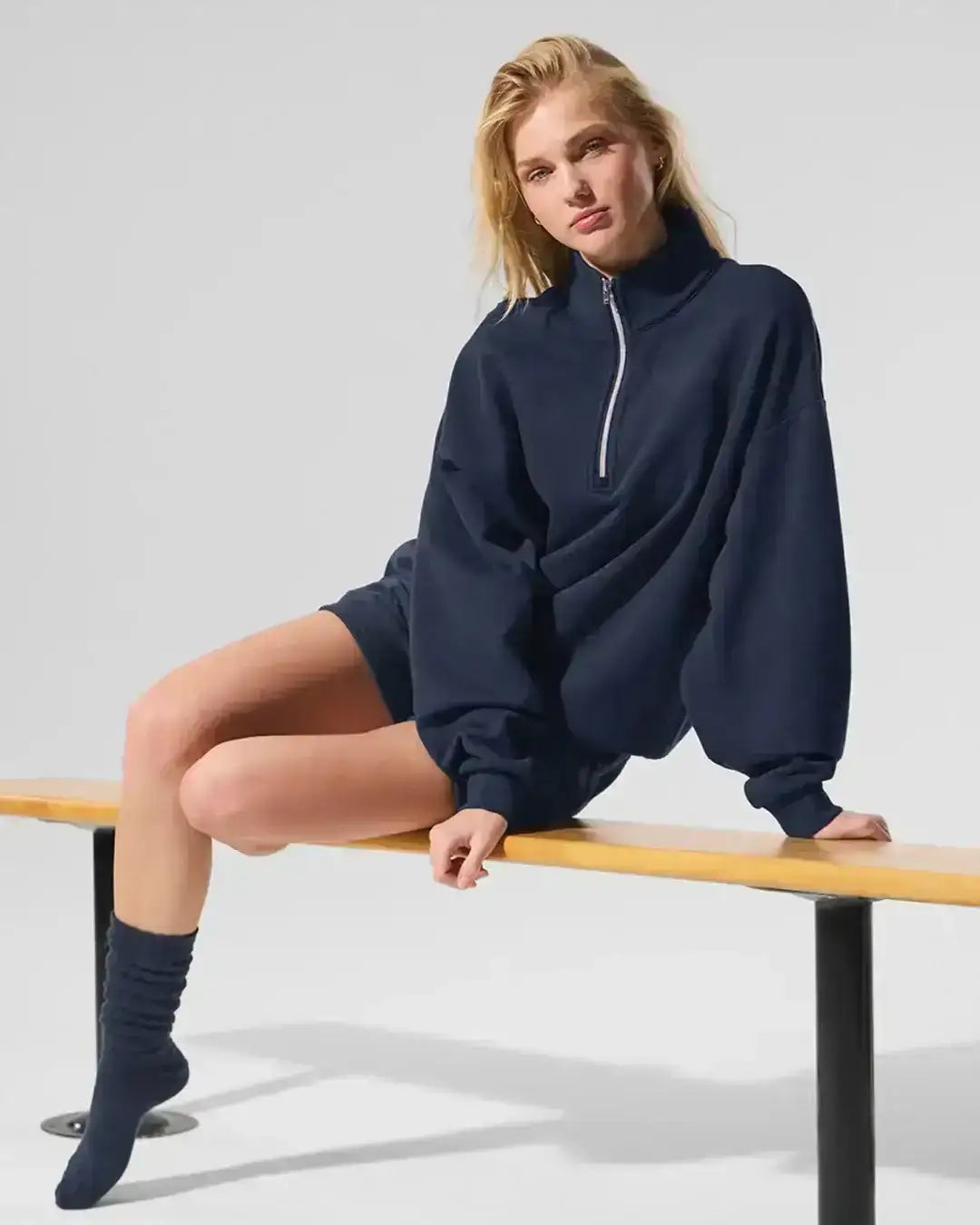 LT1K Navy Blue Oversize Zip-Mock Sweatshirt.