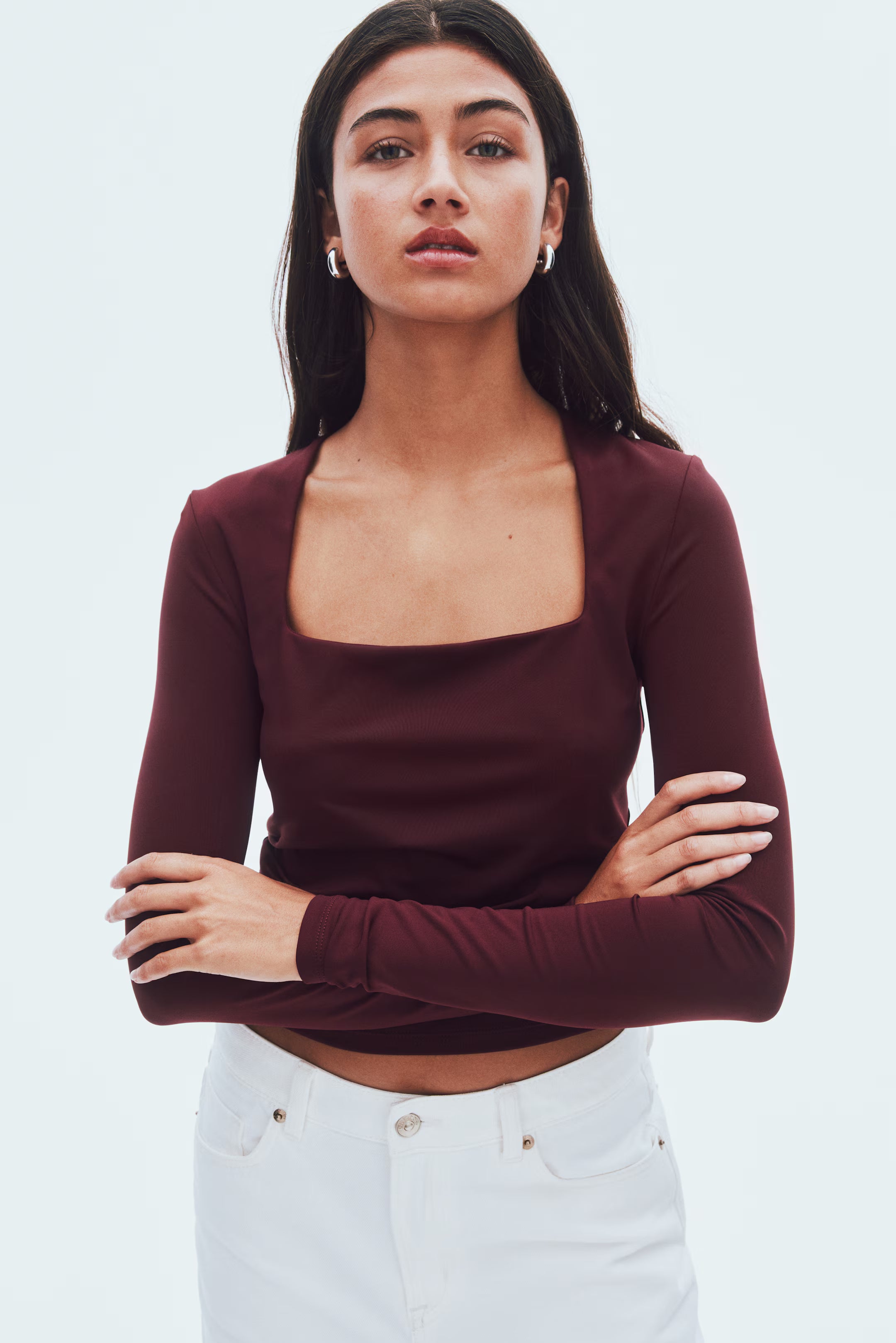 LT1K Maroon Square-Neck Full Sleeve Slim Top.(Perfect For All Season)