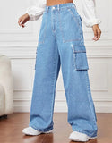 MNG Light Blue High-Waisted Cargo Wide-Leg Jeans.