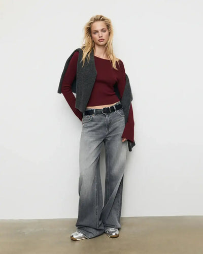 LT1K Maroon Essential Full-Sleeves Boat-Neck With Bell Sleeve Slim Top.(Perfect For Winter Season).