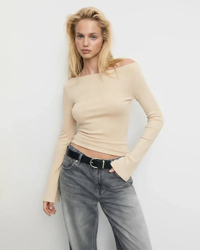 LT1K Sand Essential Full-Sleeves Boat-Neck With Bell Sleeve Slim Top.(Perfect For Winter Season).