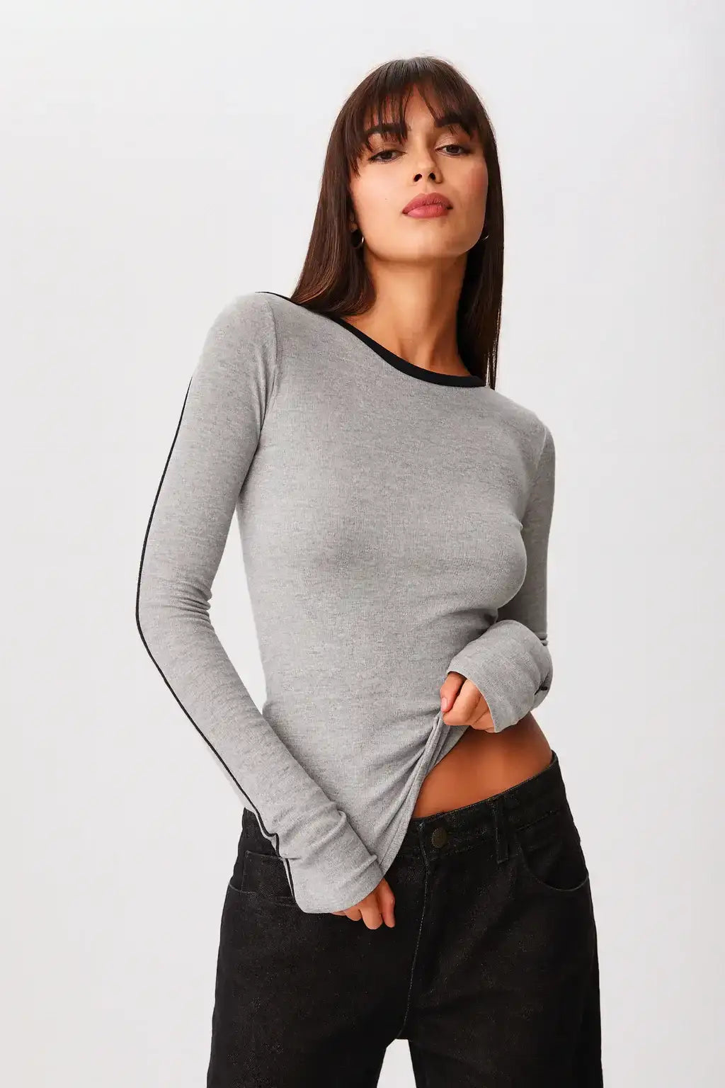 LT1K Grey Tape Essential Full-Sleeves Slim Top.(Perfect For All Season)