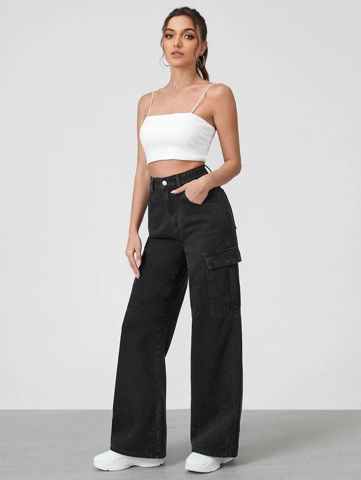 BERSHKA Faded Black Cargo Wideleg Jeans. - lessthan1thousand
