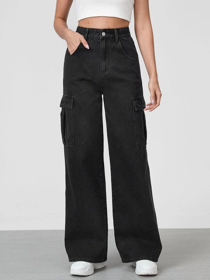 BERSHKA Faded Black Cargo Wideleg Jeans. - lessthan1thousand