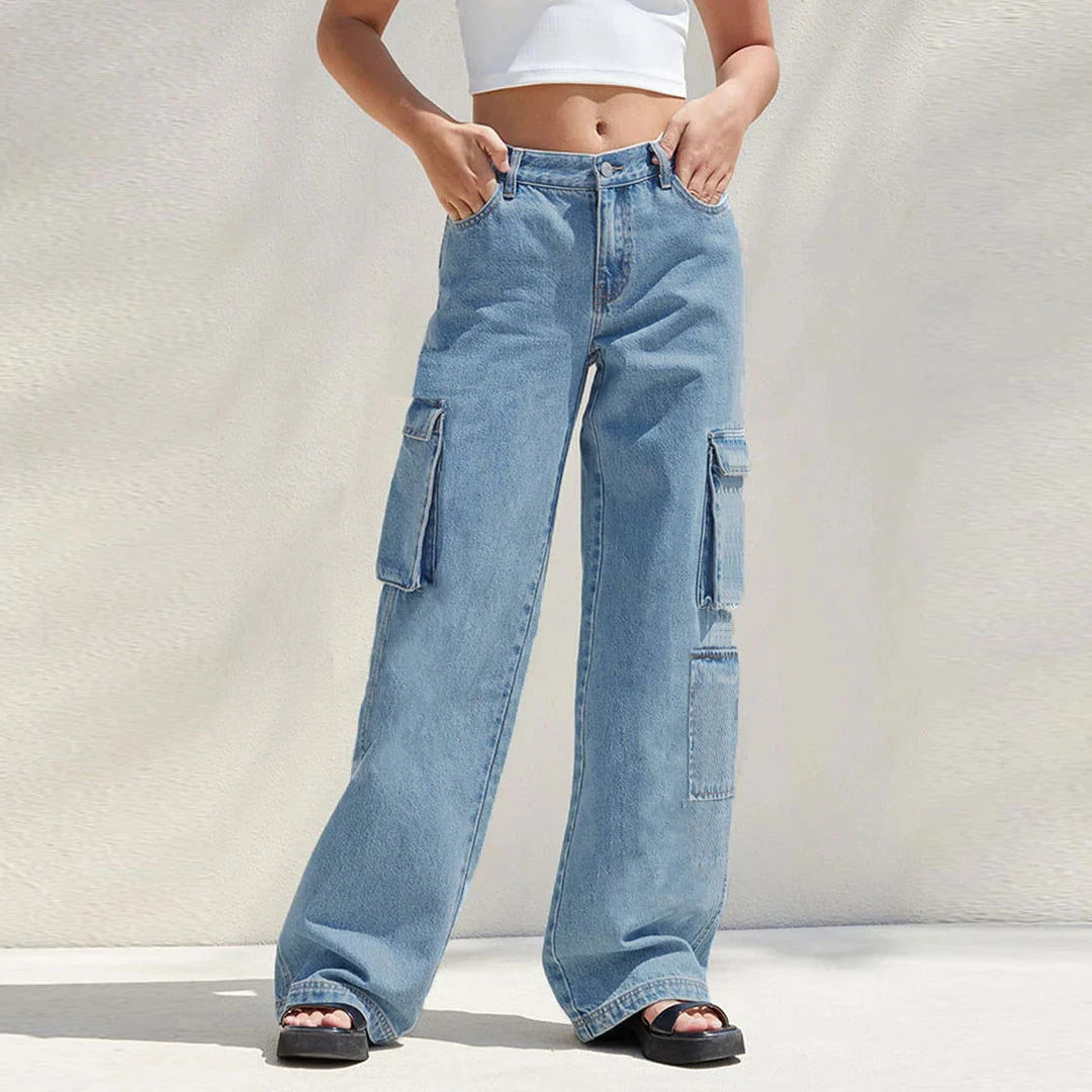 Bershka Light Blue High-Waisted Cargo Wide-Leg Jeans. - lessthan1thousand