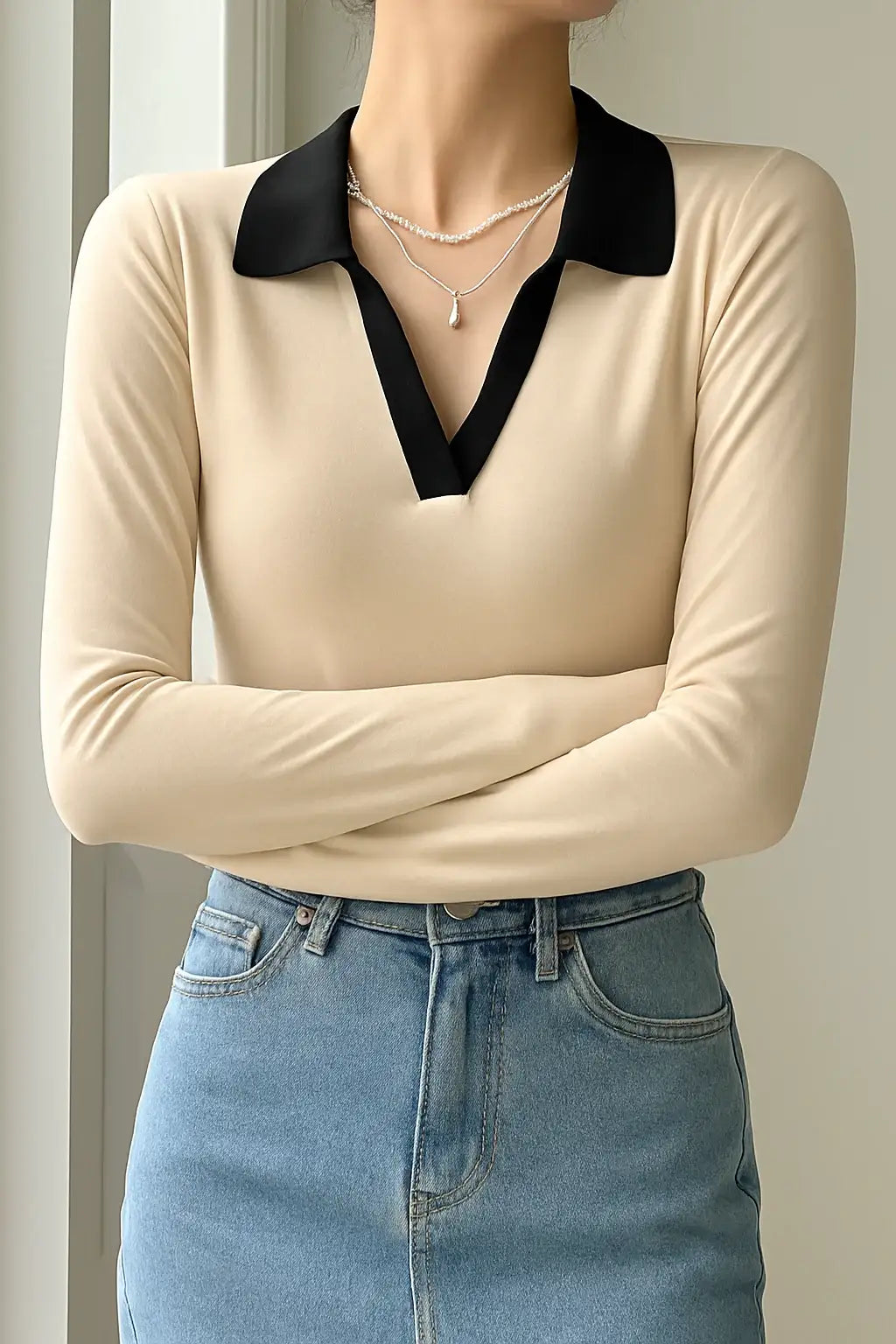 LT1K Beige Essential Full-Sleeves Contrast Collar Slim Top.(Perfect For All Season)