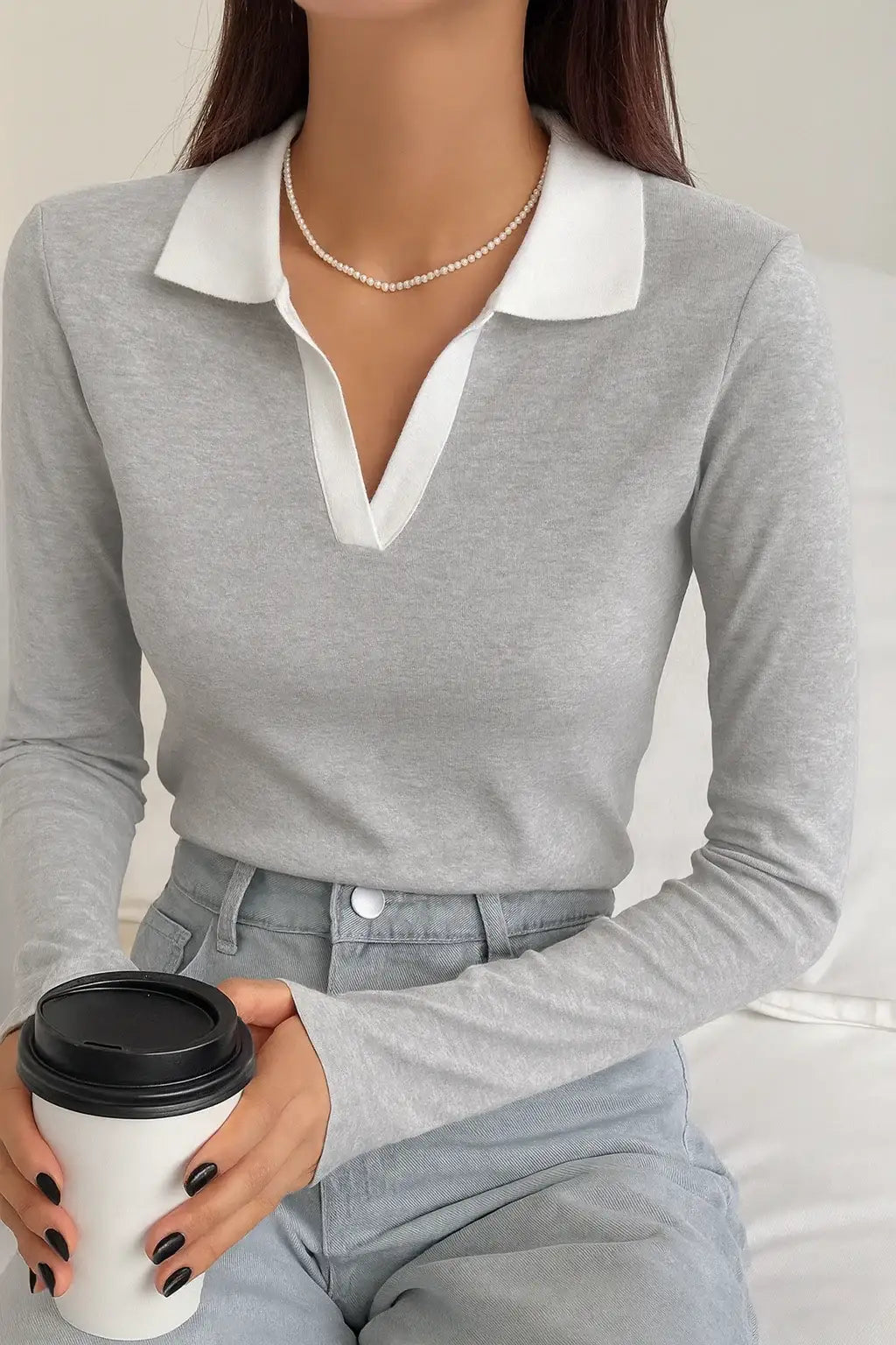 LT1K Grey Essential Full-Sleeves Contrast Collar Slim Top.(Perfect For All Season)