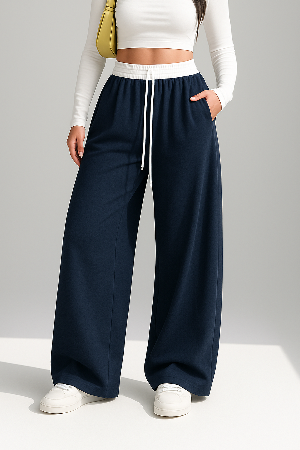 Navy Blue Contrast waist Wide-Leg Trouser.
