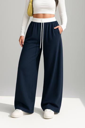 Navy Blue Contrast waist Wide-Leg Trouser.