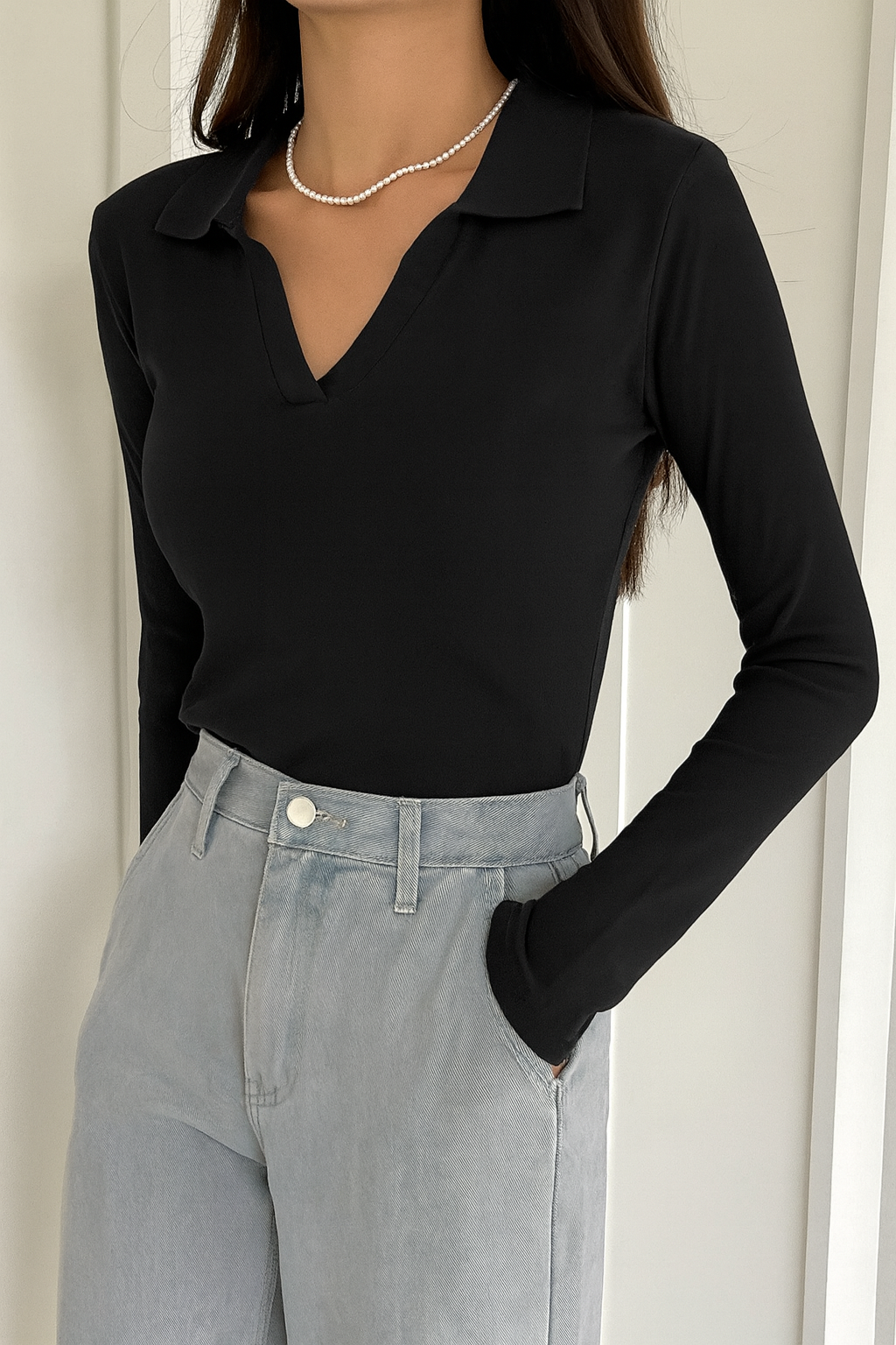 LT1K Black Essential Full-Sleeves Collared Slim T-Shirt.(Perfect For All Season).