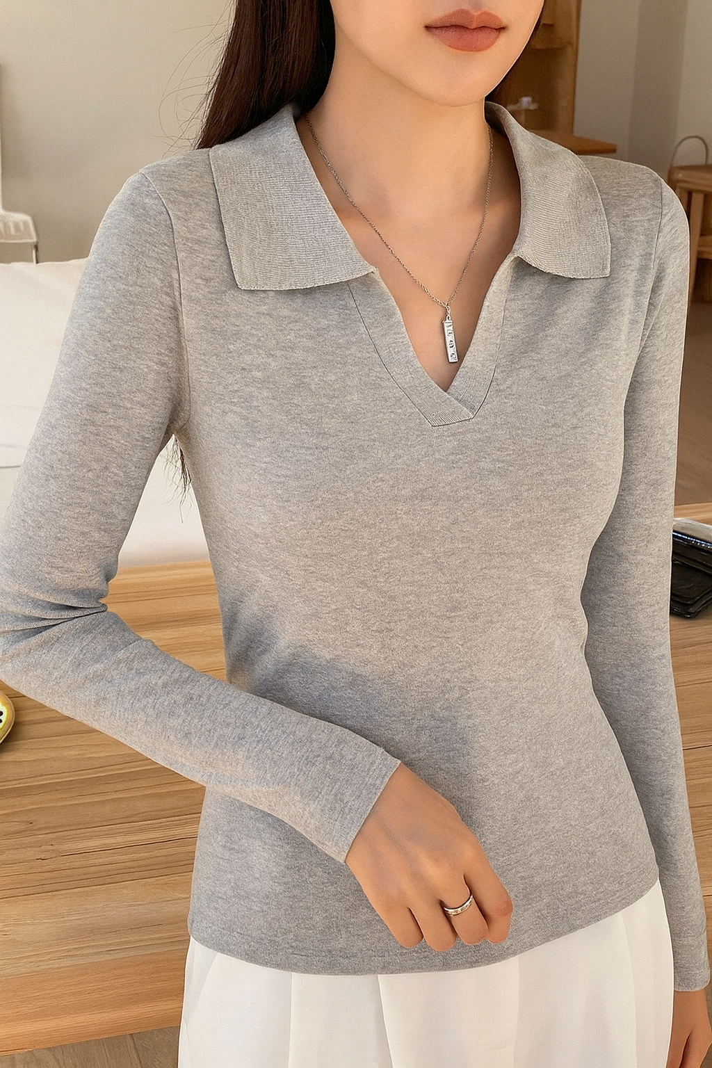 LT1K Grey Essential Full-Sleeves Collared Slim T-Shirt.(Perfect For All Season).