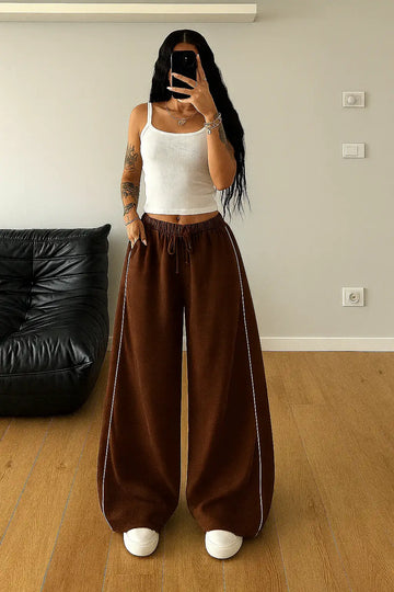LT1K Brown Wide leg Trouser With Piping Detail.(Perfect For All Season)