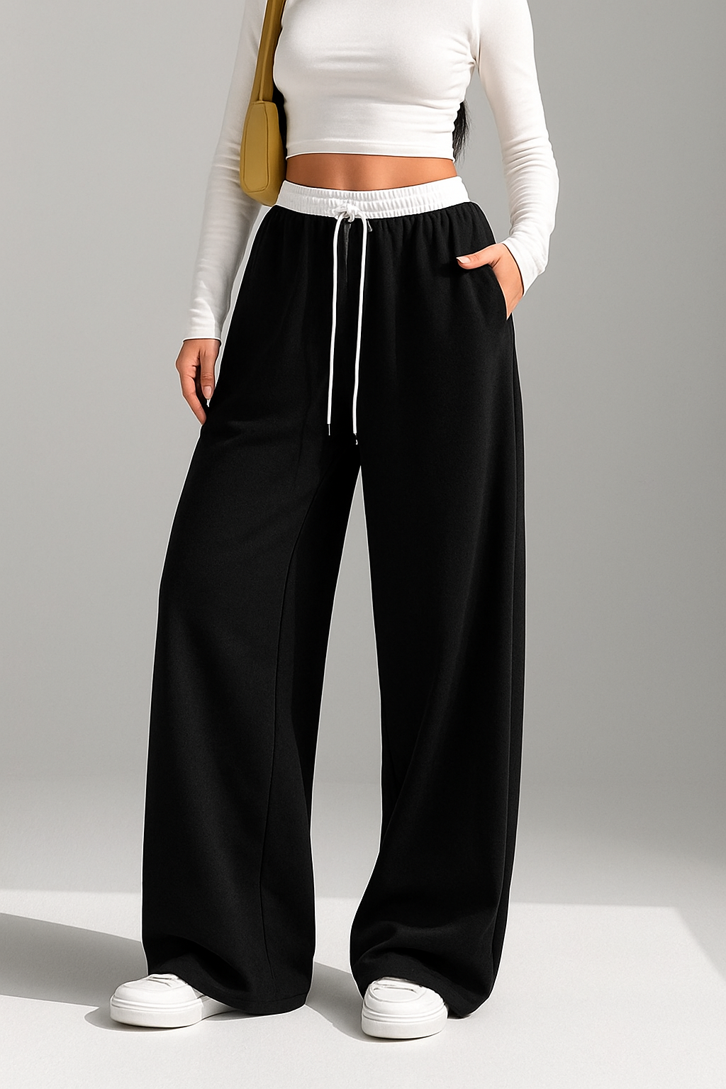 Black Contrast waist Wide-Leg Trouser.