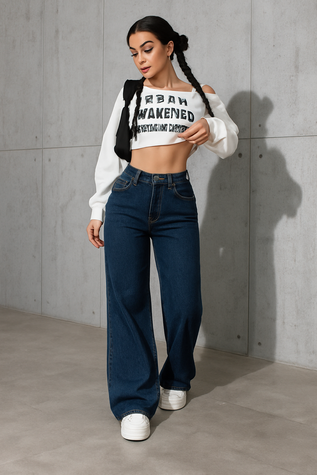 Dark Blue High-Waisted Loose Mom Jeans.