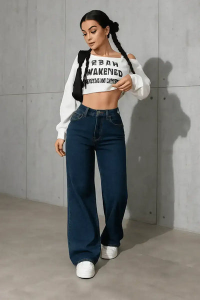 LT1K Dark Blue High-Waisted Loose Mom Jeans. (Crop Length)