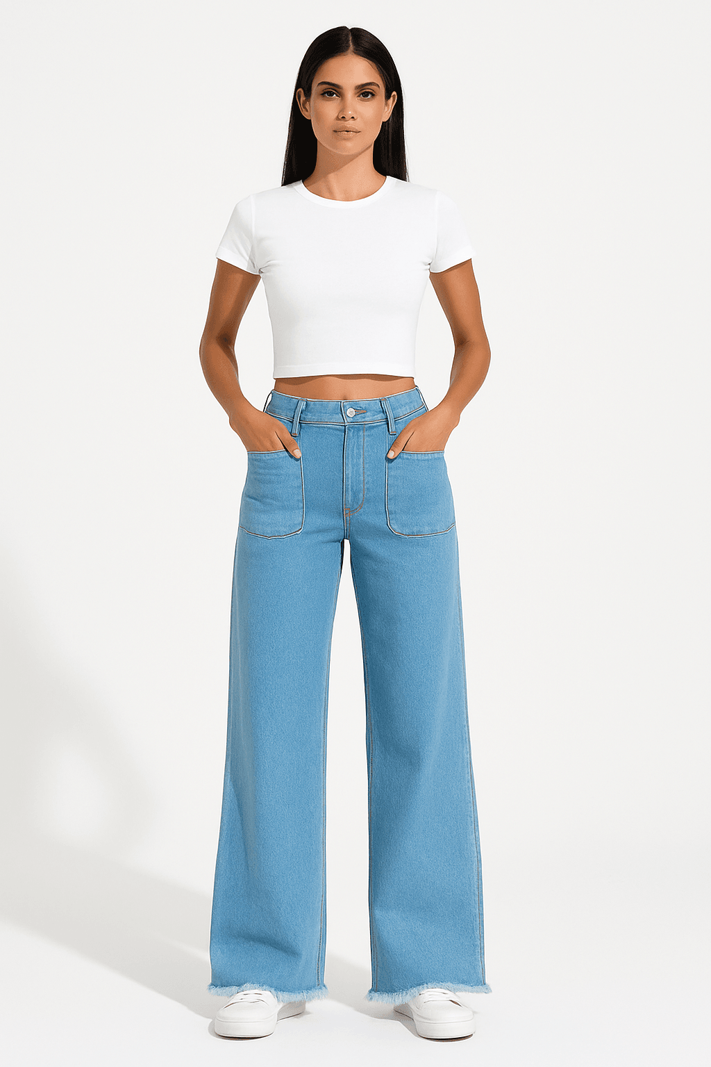 ZARA Light Blue Utility Pocket Wide-Leg Frayed Hem Jeans. - lessthan1thousand