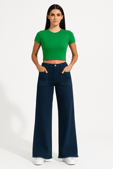 ZARA Dark Blue Utility Pocket Wide-Leg Frayed Hem Jeans. - lessthan1thousand