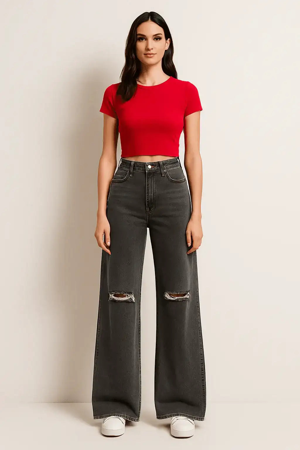 MNG Dark Grey Knee Ripped Wide-Leg Jeans - lessthan1thousand