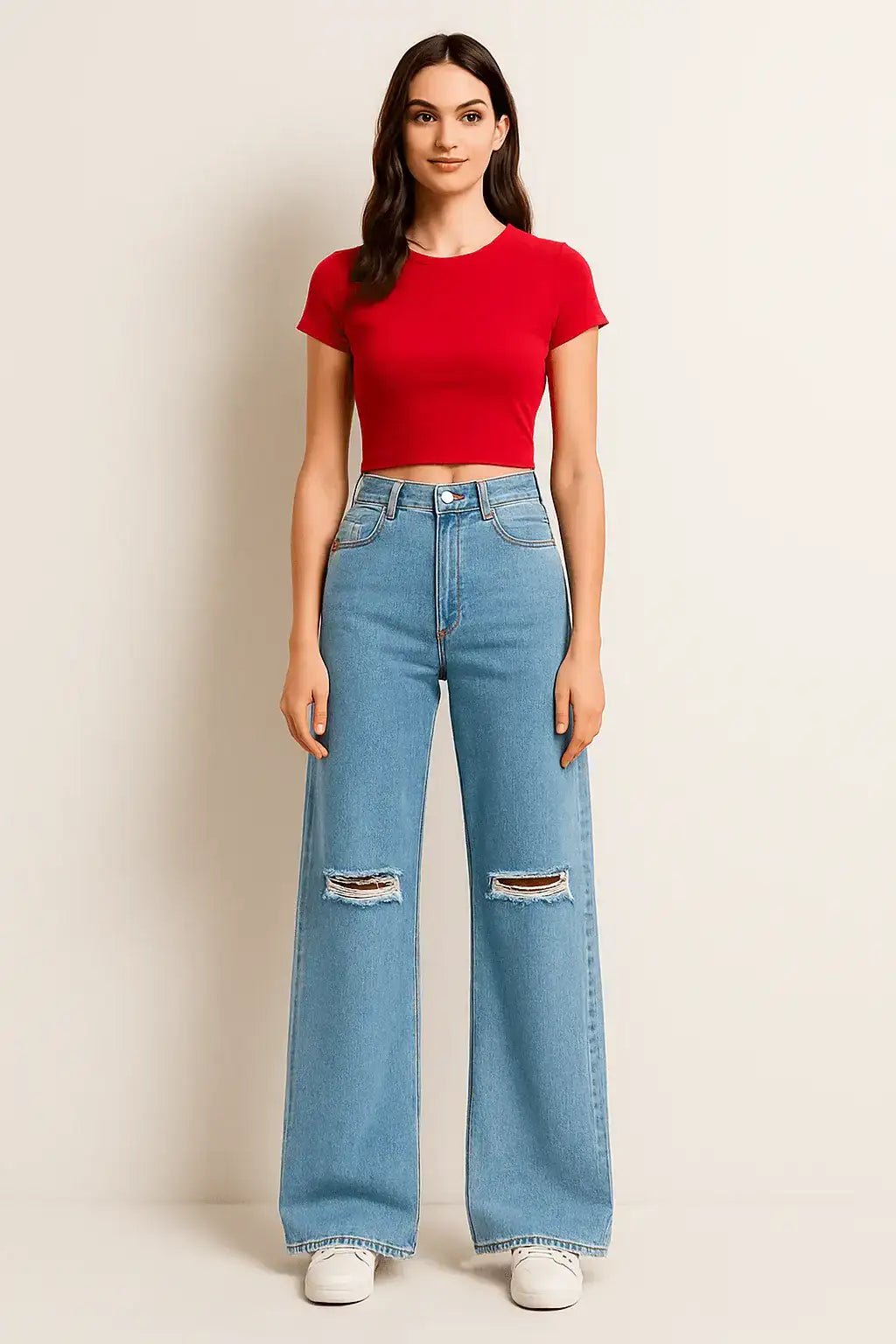 ZARA Light Blue Knee-Ripped High-Waisted Wide-Leg Jeans. - lessthan1thousand