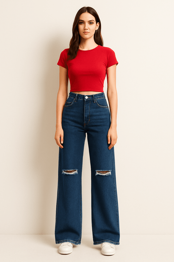 ZARA Dark Blue Knee-Ripped High-Waisted Wide-Leg Jeans. - lessthan1thousand