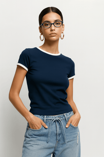 LT1K Slim Navy Blue Contrast T-Shirt - lessthan1thousand
