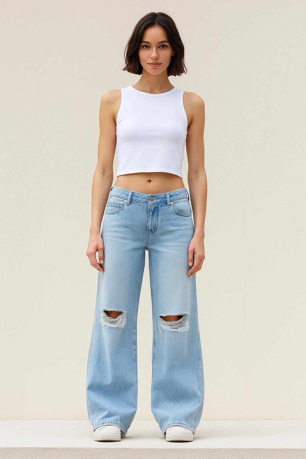 ZARA Light Blue Knee-Ripped High-Waisted Wide-Leg Jeans.