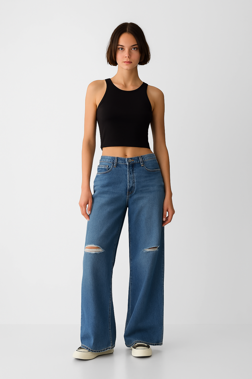 ZARA Dark Blue Knee-Ripped High-Waisted Wide-Leg Jeans.
