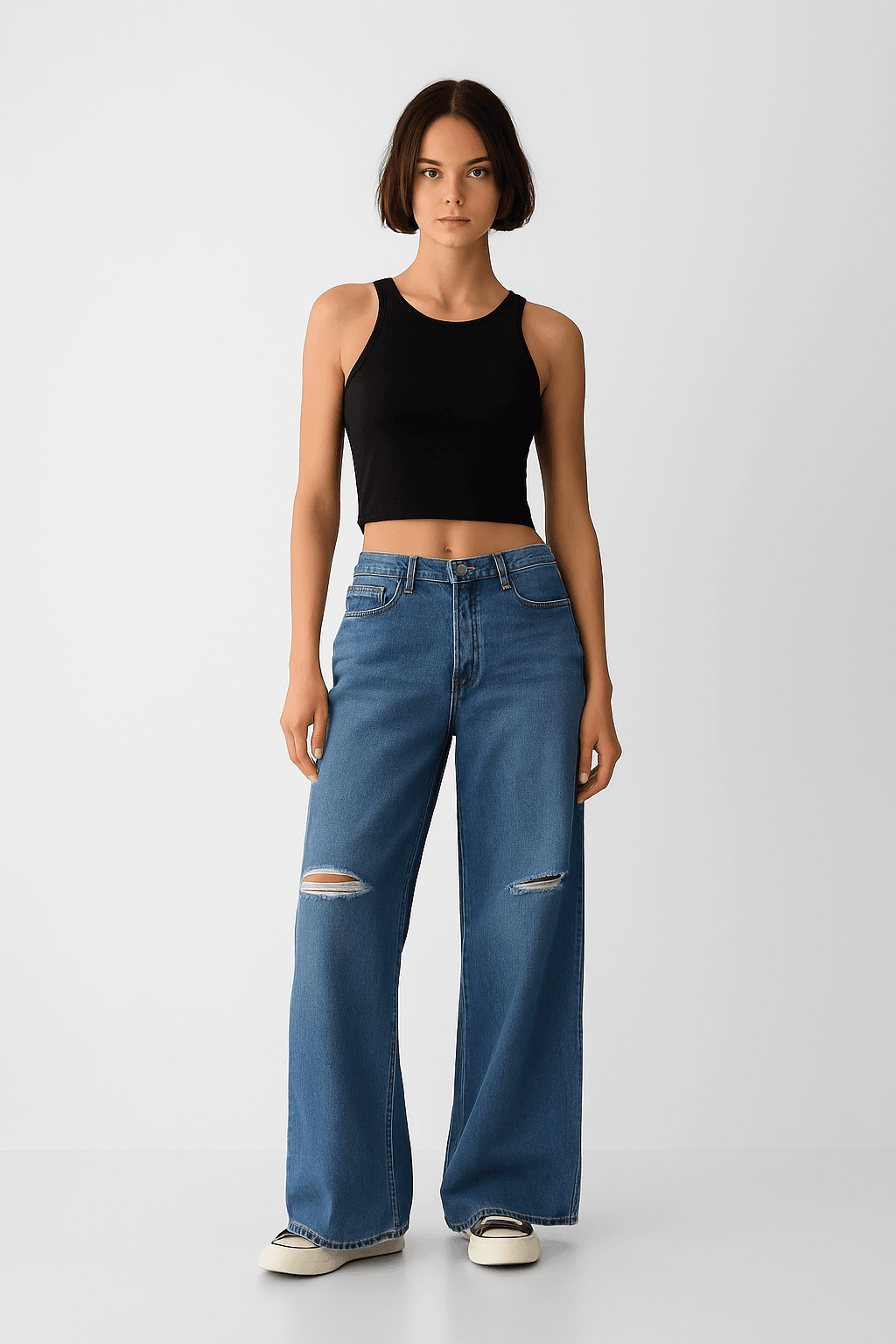 ZARA Dark Blue Knee-Ripped High-Waisted Wide-Leg Jeans. - lessthan1thousand