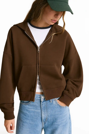 LT1K Brown Zip-Up Oversize Crop hoodie.