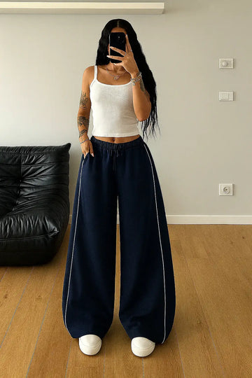 LT1K Navy Blue Wide leg Trouser With Piping Detail.(Perfect For All Season)