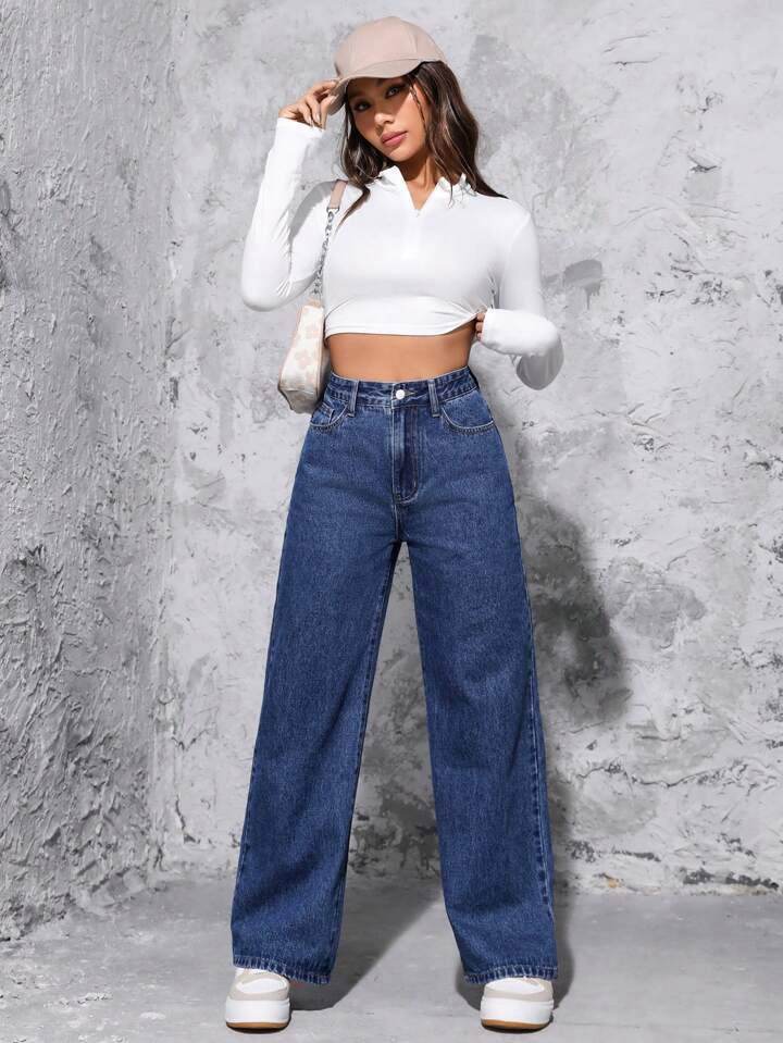 Dark Blue High-Waisted Loose Mom Jeans - lessthan1thousand