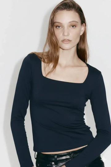 LT1K Navy Blue Full-Sleeves Square-Neck Full Sleeve Slim Top.(Perfect For All Season)