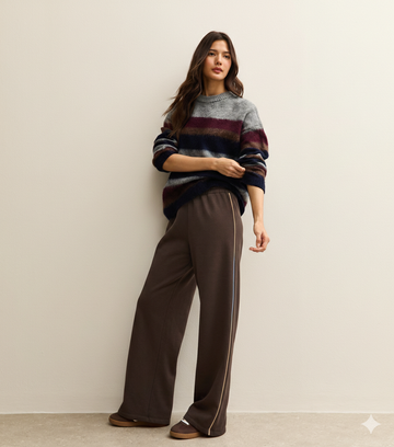 LT1K Brown Single Side Piping Detail Wide-Leg Trouser.(Perfect For All Season)