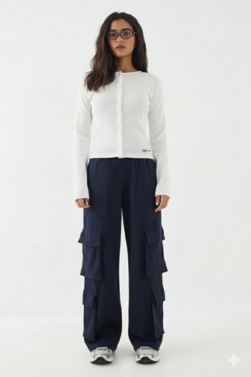 LT1K Navy Blue Multi Pocket Cargo Wide-Leg Trouser.(Perfect For All Season).