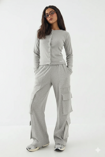 LT1K Grey Multi Pocket Cargo Wide-Leg Trouser.(Perfect For All Season).