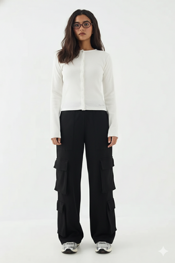 LT1K Black Multi Pocket Cargo Wide-Leg Trouser.(Perfect For All Season).
