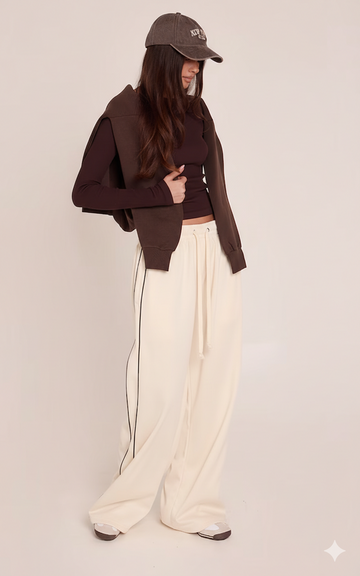 LT1K Sand Double Side Piping Detail Wide-Leg Trouser.(Perfect For All Season)